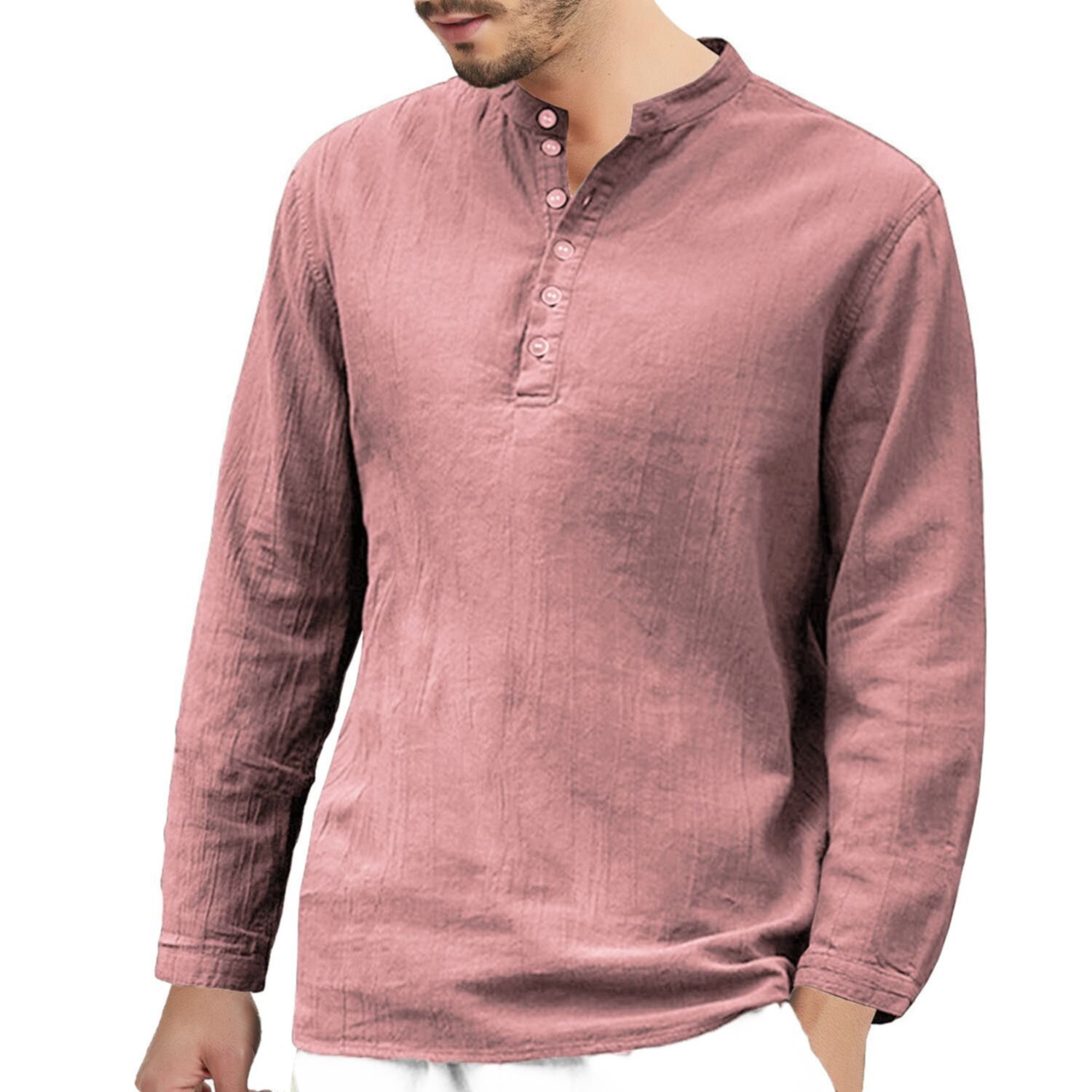 Solid cotton linen long sleeve round neck button shirt